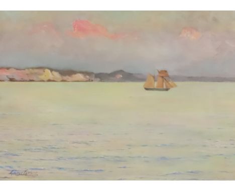 ***George Carline (1855-1920) - Two oil paintings - Seascape with sailing boat off the coast at sunset, signed, 8ins x 11.25i