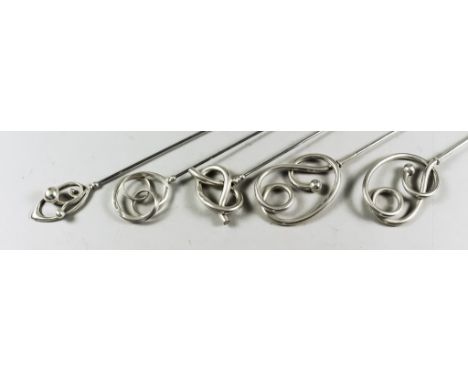 Three Edward VII and Two George V Silver Hat Pins, three by Charles Horner, Chester 1906 and 1908, one with knot head, on 9.5