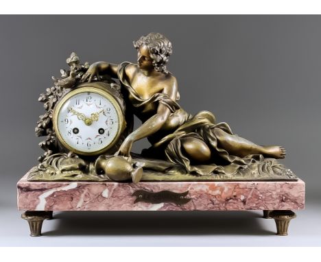 A Late 19th/Early 20th Century French Gilt Spelter and Pink Veined Marble Mantel Clock "La Source", the 3.75ins diameter dome