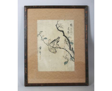 A FRAMED 19TH CENTURY ORIGINAL CHUBAN WOODBLOCK BIRD PRINT BY HIROSHIGE, the frame 14in x 11in, the print itself 8.8in x 6.25