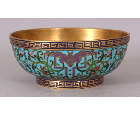 A FINE QUALITY CHINESE JIAQING MARK &amp; PERIOD CLOISONNE BOWL, circa 1800, the sides well decorated with a formal turquoise