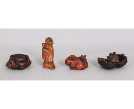 A GROUP OF FOUR JAPANESE EDO & MEIJI PERIOD CARVED WOOD NETSUKE, the tallest Monkey God netsuke 2.1in high. (4)