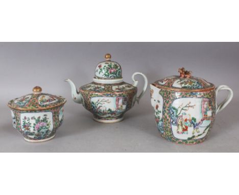 A 19TH CENTURY CHINESE CANTON PORCELAIN PART TEA SET, comprising a large teapot and cover, a large milk jug and cover and a s