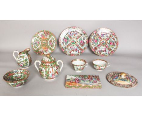 A GROUP OF VARIOUS 19TH & 20TH CENTURY CHINESE CANTON PORCELAIN ITEMS, comprising three plates, two covers, a sugar basin & c