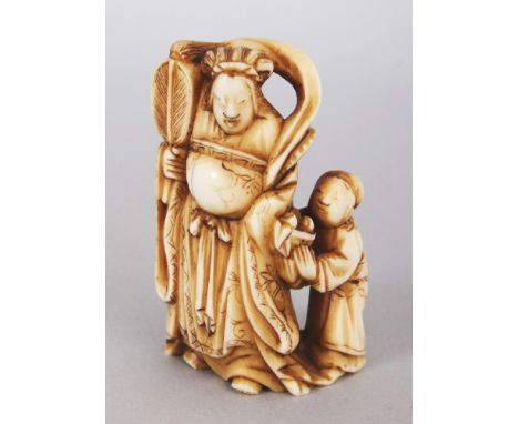 A JAPANESE MEIJI PERIOD IVORY NETSUKE OF KWANNON, holding a fan and in the company of an attendant offering a basket of fruit