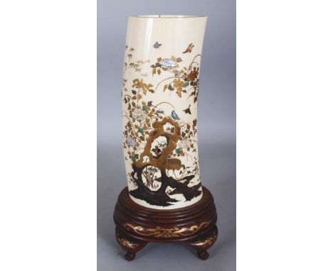 A GOOD JAPANESE MEIJI PERIOD SHIBAYAMA & IVORY TUSK VASE, together with a fixed lacquered wood stand, the sides decorated in 