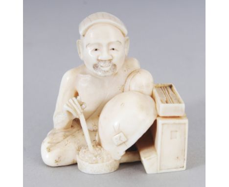 A SIGNED JAPANESE MEIJI PERIOD IVORY NETSUKE OF A SEATED BOWL MAKER, a box with implements beside him, the base with an engra