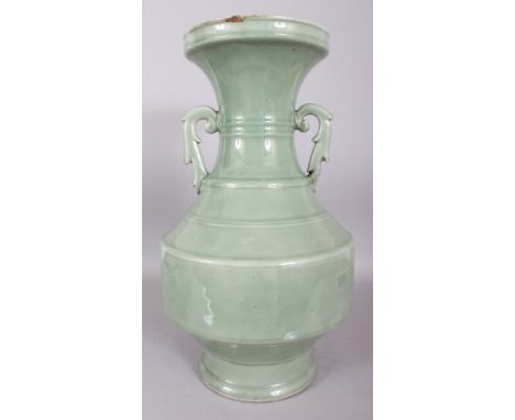 A LARGE 19TH CENTURY CHINESE CELADON PORCELAIN VASE, moulded with double scroll acanthus handles, the base unglazed, 18.3in h