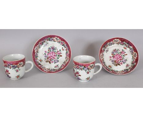 A PAIR OF 18TH CENTURY CHINESE QIANLONG PERIOD FAMILLE ROSE PORCELAIN CUPS & SAUCERS, painted in predominantly puce enamels, 