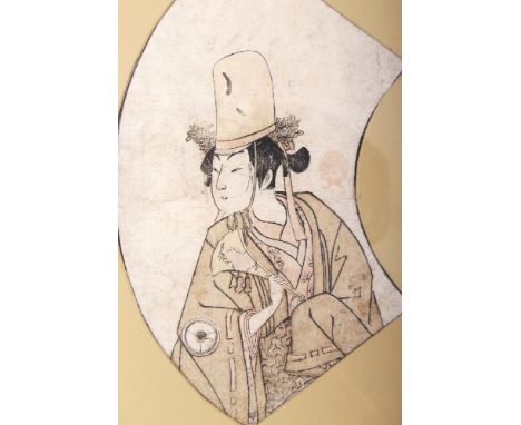 A FRAMED 18TH CENTURY JAPANESE EDO PERIOD WOODBLOCK BOOK PRINT OF AN ACTOR BY SHUNSHO & BUNCHO, the frame 13.6in x 9.9in, the