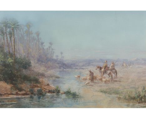 FRANZÖSISCHER ORIENTALISTTätig im 19. Jh.REITER VOR EINER OASE Aquarell auf Papier. SM 30 x 45 cm (R. 50 x 63 cm). Hinter Gla
