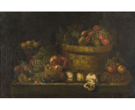SÜDITALIENISCH-SPANISCHE SCHULE DES 17. JH.FRÜCHTESTILLLEBEN MIT BASTKORB UND SILBERPOKAL Öl auf Leinwand (doubl.). 70 x 108,