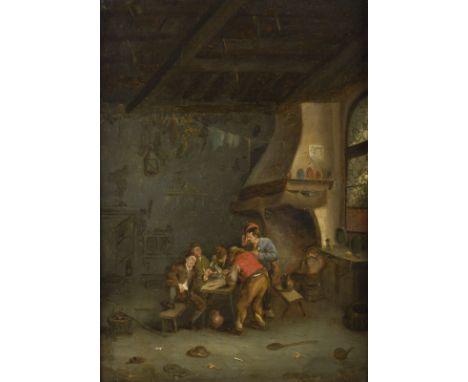 ADRIAEN VAN OSTADE (UMKREIS)1610 Haarlem - 1685 EbendaINTERIEUR MIT PFEIFERAUCHENDEN UND TRINKENDEN BAUERN Öl auf Eichenholzt