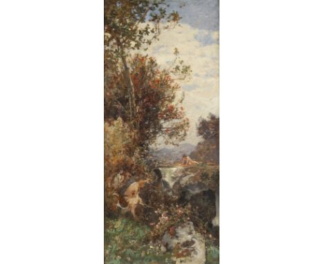 FRANZ THEODOR AERNI1853 Aarburg - 1918 ebendaECHO UND NARCISSUS (1886) Öl auf Holz. 46,5 x 20,5 cm (R. 52 x 25 cm). Signiert 