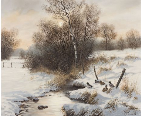 OSWALD RÖMER1938 Berghausen - 1998 SchwarzenauENTEN IM WINTER AM BACH Öl auf Leinwand. 50 x 60 cm (R. 68 x 78 cm). Signiert u