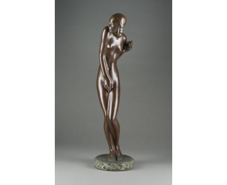 RUDOLF ZIESENISS (AUCH ZIESENIS)1883 Köln - 1959 DüsseldorfSTEHENDER FRAUENAKT Bronze, dunkel patiniert, auf runder Plinthe u