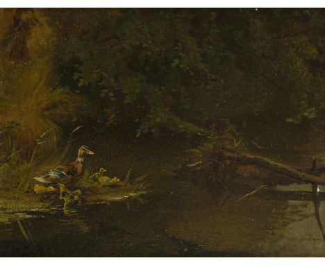 CARL D.Ä. JUTZ1838 Windschläg - 1916 PfaffendorfENTEN AM TEICH Öl auf Holz. 21 x 27 cm (R. 36,5 x 42 cm). Signiert unten link