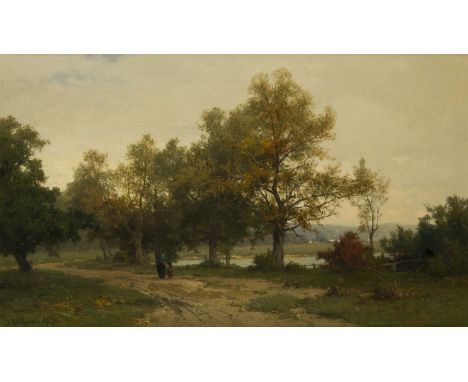 JOSEF WILLROIDER1838 Villach/Kärnten - 1915 MünchenSPAZIERGANG AM FLUSSUFER. 1870 Öl auf Leinwand, doubliert. 32 x 54 cm (R. 