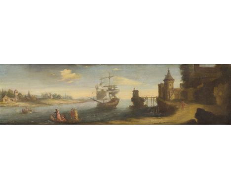 ITALO-FLÄMISCHE SCHULE, UM 1700IDEALE HAFENLANDSCHAFT MIT ANLANDENDEM SCHIFF, FESTUNGSANLAGE UND BOOTEN Öl auf Leinwand (altd