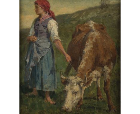KARL STUHLMÜLLER1851 München - 1930 EtzenhausenMILCHMADCHEN MIT KUH Öl auf Malkarton. 31 x 28 cm (R. 49,5 x 46 cm). Signiertu