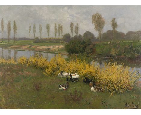 ADOLF LINS1856 Kassel - 1927 DüsseldorfENTEN AM UFER Öl auf Leinwand. 61 x 81 cm (R. 75 x 95 cm). Signiert unten rechts. Rahm