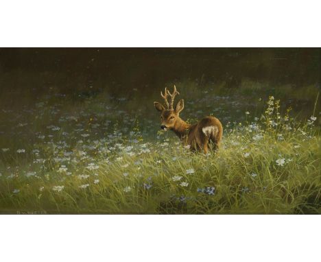 DICK VAN HEERDE1954HIRSCH IM HOHEN GRAS Öl auf Holz. 16,5 x 30 cm (R. 31 x 45 cm). Signiert unten links. Rahmen.