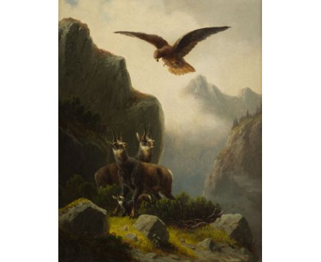 MORITZ MÜLLER1841 München - 1899 ebendaDIE GÄMSEN SCHÜTZEN IHRE JUNGEN VOR DEM ADLER Öl auf Leinwand. 32 x 26,5 cm (R. 51 x 4
