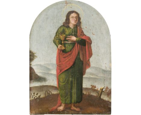 SÜDDEUTSCHE SCHULE, UM 1700HEILIGER JOHANNES MIT KELCH UND SCHLANGE Öl auf Leinwand auf Nadelholztafel (oben segmentbogenarti