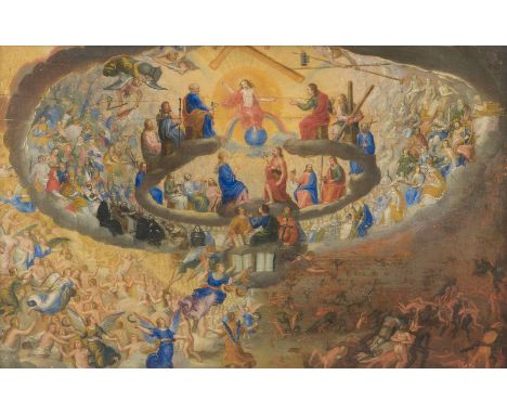 ANTWERPEN, ERSTES VIERTEL DES 17. JH.DAS JÜNGSTE GERICHT Öl auf Eichenhoztafel (parkettiert) und hinter Glas gerahmt. 33 x 51