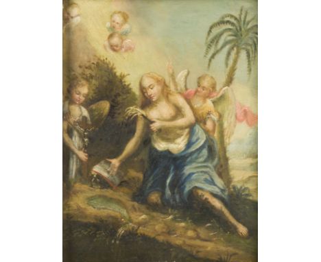 ALPENLÄNDISCHE SCHULE DES 18. JH.DIE BÜSSENDE MARIA VON MAGDALA Öl auf Kupfertafel. 31 x 24 cm (R. 53 x 46 cm). Part. min. al