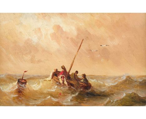 EDUARD HILDEBRANDT (ZUGESCHRIEBEN)1818 Danzig - 1869 BerlinBOOT AUF STÜRMISCHER SEE Öl auf Papier, kaschiert. Bl. 9 x 13,5 cm