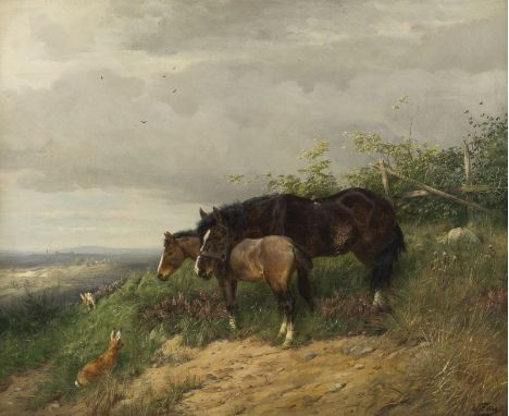LUDWIG BENNO FAY1859 Düsseldorf - 1906 ebendaSTUTE UND IHR FOHLEN SCHAUEN DEN HASEN AUF EINEM FELD ZU Öl auf Leinwand. 55 x 6