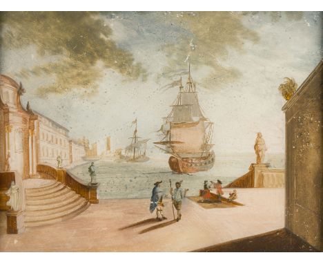 VENEZIANISCHE SCHULE DES 18. JH.SCHIFFE IM HAFEN MIT PALAZZI UND FIGURENSTAFFAGE Hinterglasmalerei aus Öl-Tempera. 19,5 x 26 