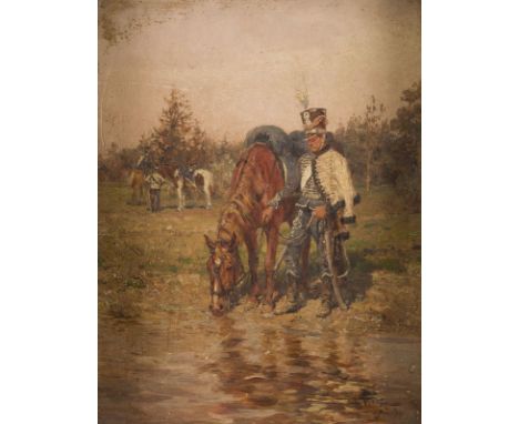 WILHELM VELTEN1847 St. Petersburg - 1929 MünchenHUSAR MIT SEINEM PFERD AN DER TRÄNKE Öl auf Platte. 20 x 15 cm (R. 23 x 18.5 