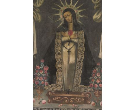 SÜDAMERIKANISCH-SPANISCHE CUZCO-SCHULE'ROSA VON LIMA' Öl auf Leinwand. 114,5 x 72,5 cm (R. 132,5 x 91 cm). Alrest., part. Alt