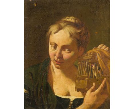 ANTONIO AMOROSI (ATTR.)1660 Comunanza - 5. Oktober 1738 RomJUNGE FRAU MIT VOGELKÄFIG Öl auf Leinwand (altdoubl.). 44,5 x 37,5