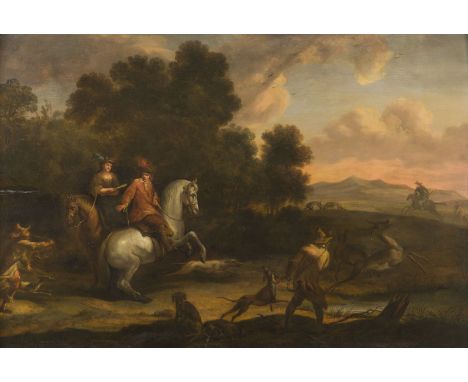 JAN WYCK (UMKREIS)1652 Haarlem - 1702 LondonJAGDSZENE Öl auf Eichenholztafel. 51 x 76 cm (R. 70,5 x 94 cm). Auf der Vordersei
