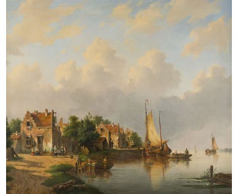 JACQUES FRANÇOIS CARABAIN (IM STIL VON)1834 Amsterdam - 1933 BrüsselBLICK AUF EINE NIEDERLÄNDISCHE STADT AM FLUSS Öl auf Lein