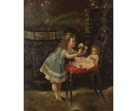 MARY CHURCHILLtätig 1880-90MÄDCHEN MIT PUPPE. 1889 Öl auf Leinwand. 40 x 32 cm (R. 56 x 49 cm). Signiert und datiert unten re