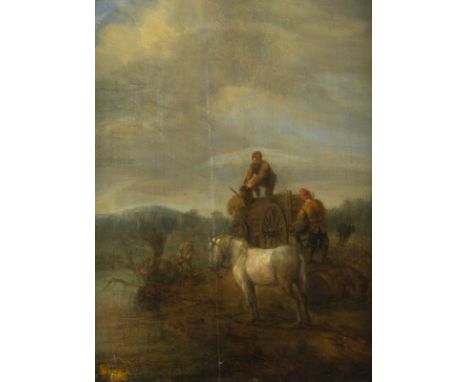 NIEDERLÄNDISCH-FLÄMISCHE SCHULE, UM 1700BEI DER FELDARBEIT Öl auf Eichenholztafel. 33,5 x 24,5 cm (R. 40,5 x 32 cm). Verso: A