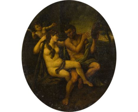 ITALIENISCHE SCHULE DES 17. JH.HERKULES UND OMPHALE Öl auf Leinwand (altdoubl.). 48 x 39,5 cm (R. 53,5 x 47 cm). Part. min. a