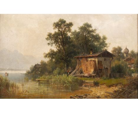 LUDWIG SCKELL1833 Starnberger See - 1912 MünchenDORF AM UFER DES CHIEMSEES Öl auf Leinwand, doubl.. 28 x 45 cm (R. 46 x 63 cm
