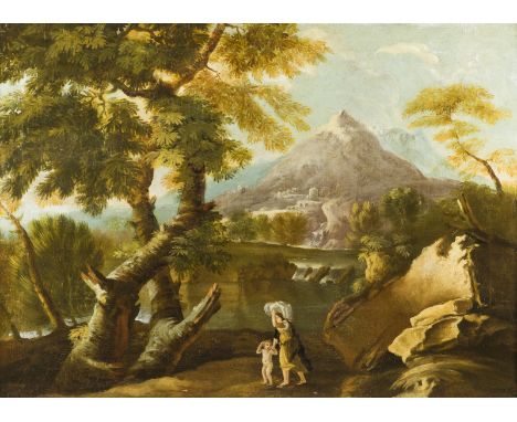 OBERITALIENISCHE SCHULE DES 18. JH.IDEALE GEBIRGIGE FLUSSLANDSCHAFT MIT MUTTER UND KIND Öl auf Leinwand (doubl.). 63 x 87 cm 