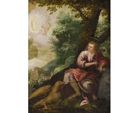 SÜDDEUTSCHE SCHULE DES SPÄTEN 16. JH.DER EVANGELIST JOHANNES AUF PATMOS Öl auf Kupfertafel. 26 x 20 cm (R. 35,5 x 30 cm). Par