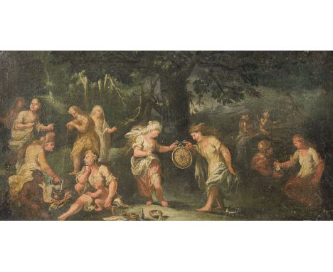 FRANCO-ITALIENISCHE SCHULE, UM 1700MYTHOLOGISCHE SZENE Öl auf Leinwand (altdoubl.). 30 x 58 cm (R. 38 x 66 cm). Verso: Auf de