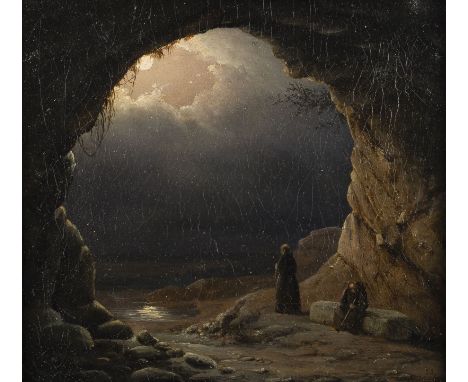 CARL BLECHEN (UMKREIS)1798 Cottbus - 1840 BerlinMÖNCHE IN DER FELSGROTTE Öl auf Leinwand. 23 x 25 cm (R. 31 x 33 cm). Unleser