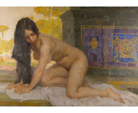MONOGRAMMIST 'P.S.'tätig um 1900KNIENDE AKT Öl auf Leinwand. 95 x 133 cm (R. 109 x 146 cm). Monogrammiert unten rechts. Rahme