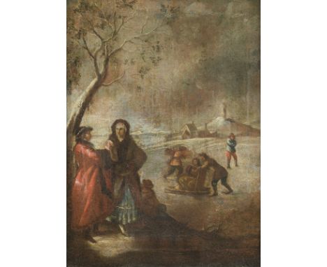 FLÄMISCHE SCHULE, UM 1700EISVERGNÜGEN Öl auf Leinwand (doubl.). 40,5 x 29,5 cm (R. 49,5 x 40,5 cm). Part. leicht altrest., mi