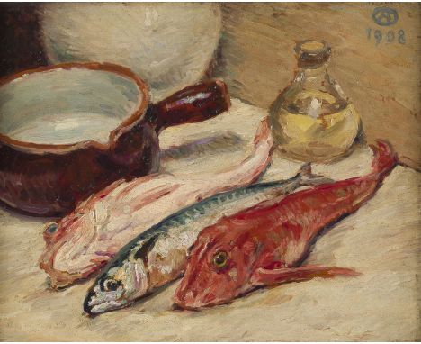 ALFRED NATHANIEL OPPENHEIM1873 Frankfurt am Main - 1953 LondonSTILLLEBEN 'FISCHE. ROTER KNURRHAHN UND MAKRELE'. 1908 Öl auf H