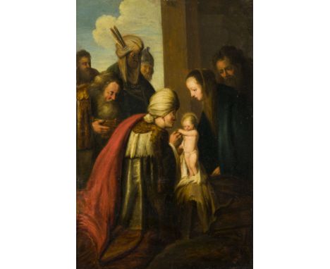 FLÄMISCHE SCHULE DES 17. JH.DIE ANBETUNG CHRISTI Öl auf Eichenholztafel. 51,5 x 35 cm (R. 62,5 x 46 cm). Part. min. altrest.,